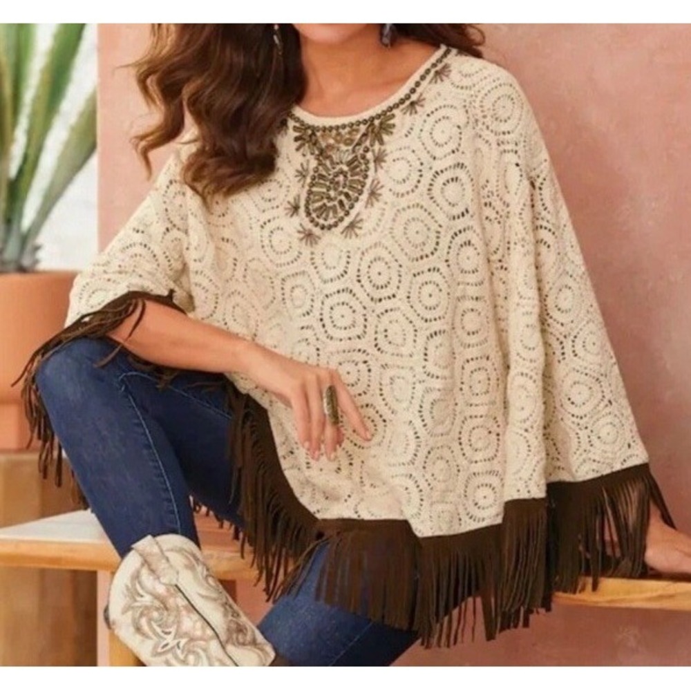 Midnight Velvet Shawl Poncho L/XL Crochet Fringe Boho Hippie Cowgirl